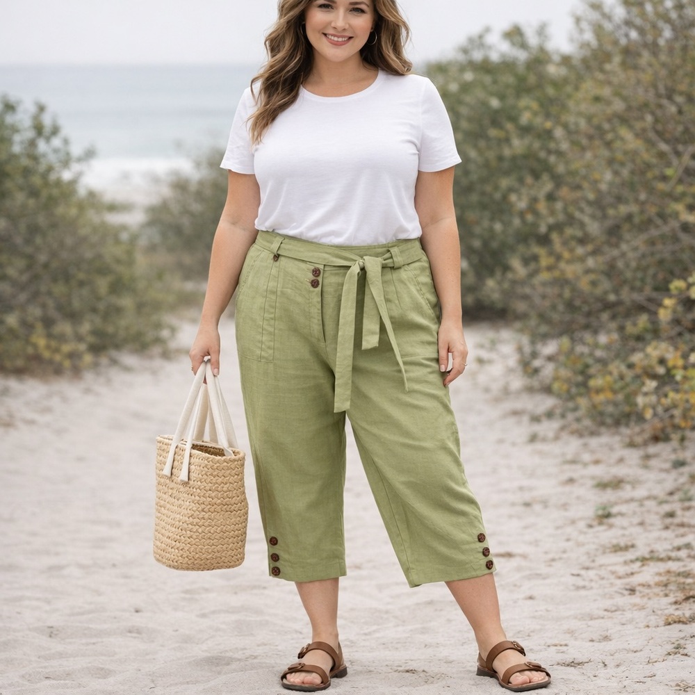 Multiples 100% Linen Olive Green Crop Tie-Waist Capri Pants